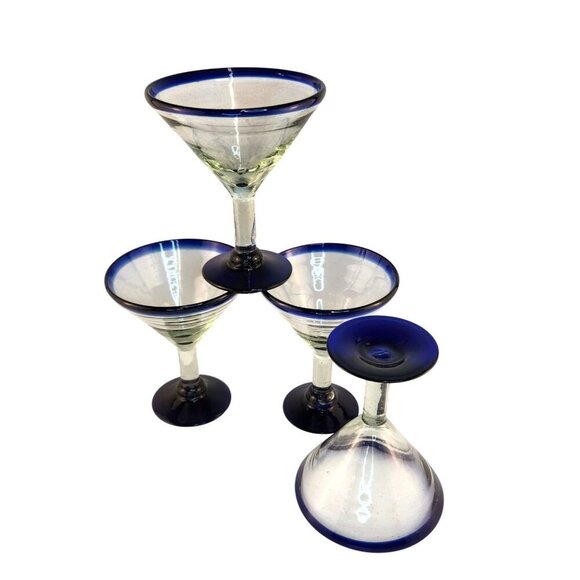 Retro MEXICO Hand Blown Cobalt Rim & Foot 12oz Stemmed MARTINI GLASSES Set of 4 - Picture 2 of 10